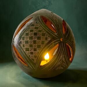 Handmade Tea Light Candle Luminary Ceramic Carved And Etched Signed Unique Light